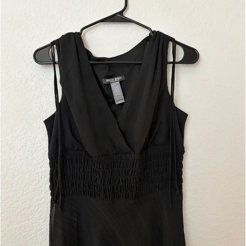 Bisou Bisou Black Metallic Pinstripe Smocked Waist Handkerchief Hem Dress SIZE 8